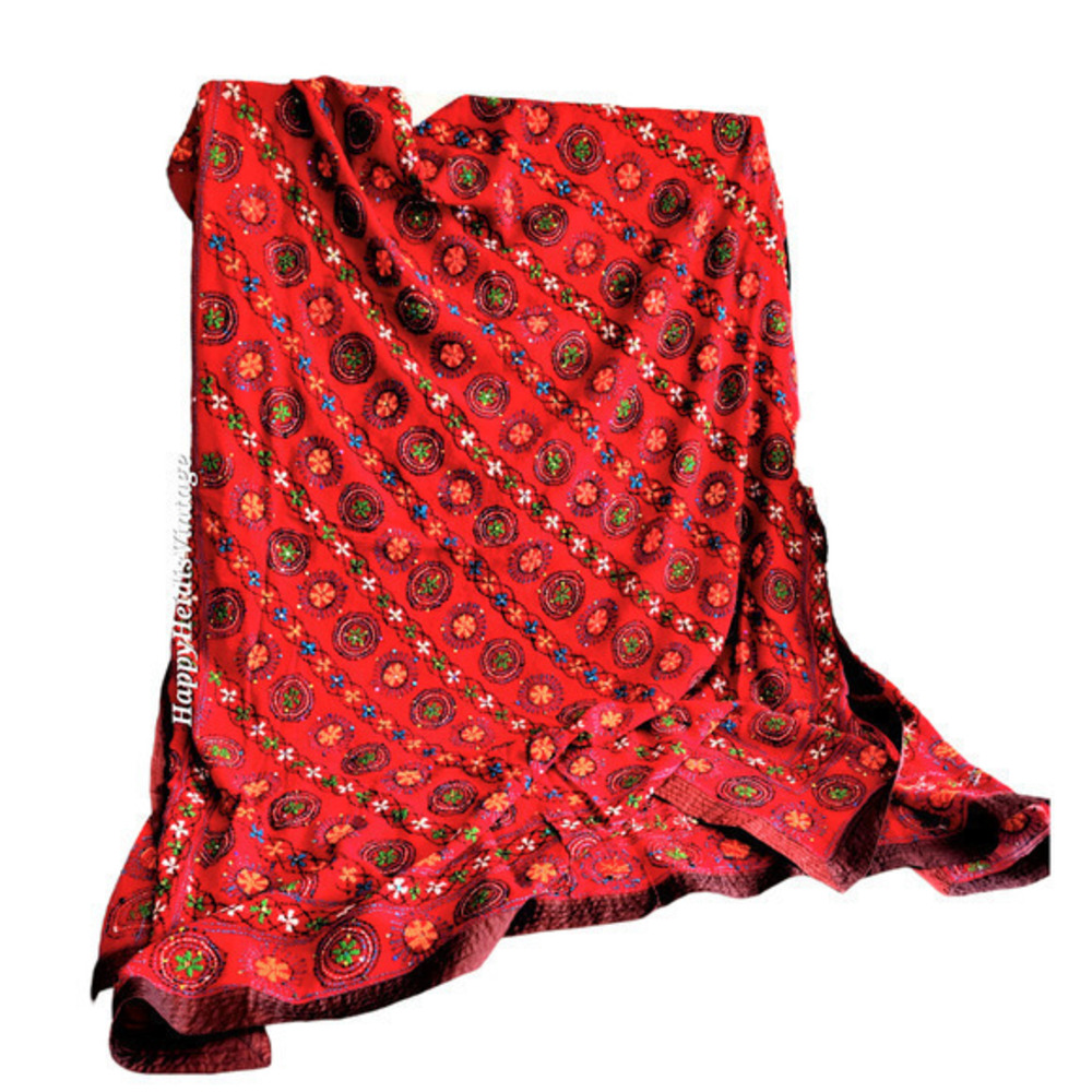 Vintage Embroidered Silk Beaded Sequin Stars & Circles Saree‎ Dupatta Formal